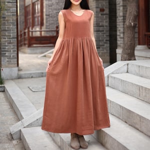 Summer Cotton Dress Soft Casual Loose Dress Sleeveless Dress Ties Waist Custom Large Size Clothing Linen Sundress Tailored Plus Size Dress