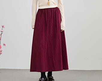 Jupe hiver chaude plus lourde, taille élastique, jupes plus épaisses en velours côtelé pur coton, plus jupe printemps automne, jupe longue ample décontractée