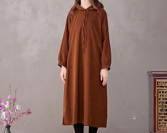 Cofouen Women's Corduroy Tunic Dress - Long Sleeve, Oversized, With Pockets, Brown