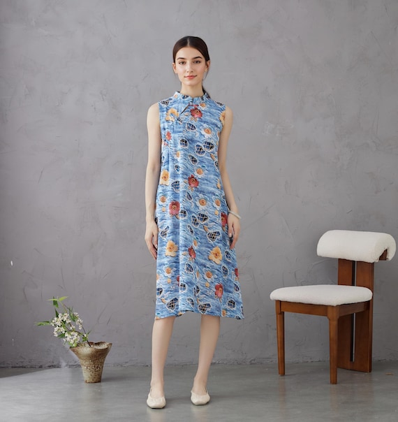 cotton summer dresses knee length Printed Dress Floral Soft Dress Sleeveless Customize Plus Dress, Unique Prints Personalized and Novel Dress main_womens Color:Midnight* Women's Travel Dresses | Wedding dress inspired pleated skirt and