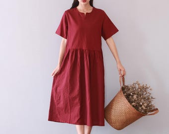 Clearance Summer Cotton Dress Short Sleeve Dress Casual Loose Linen Dresses