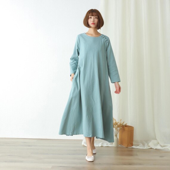 navy blue dress for baby girl Spring Summer Cotton Dress Soft Casual Loose A-Line Dress Long Sleeves Dress Custom Dress Large Size Clothing Linen Plus Size Dress Fall
