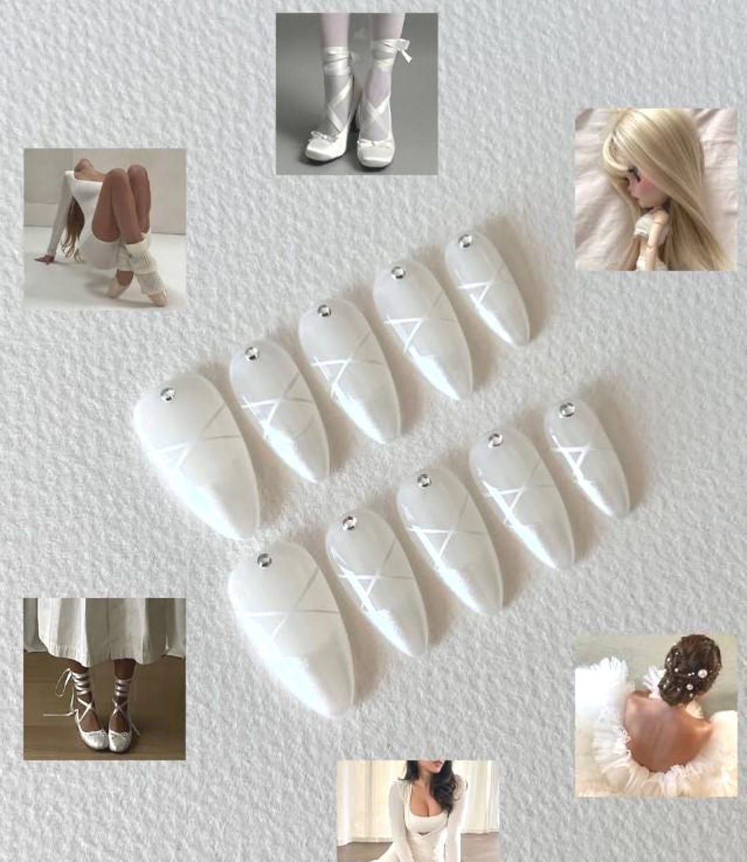 White Balletcore Press on Nails, Ballet Slipper Ribbon Nail Art ...