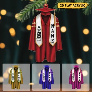 Ornament Class of 2025 – Gepersonaliseerde afstudeerpet en -jurk acryl aandenken met naam – kerstcadeau voor senior of student