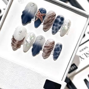 Ocean Marble Press On Nails Long Almond Blue Brown Starfish 3D Shell Charms Glitter Gel Fake Nails Handmade Set