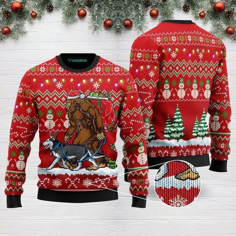 Discover Bigfoot with Husky Ugly Christmas Sweater, Funny Sasquatch Holiday Jumper, Winter Dog Lover Gift, Festive Pullover