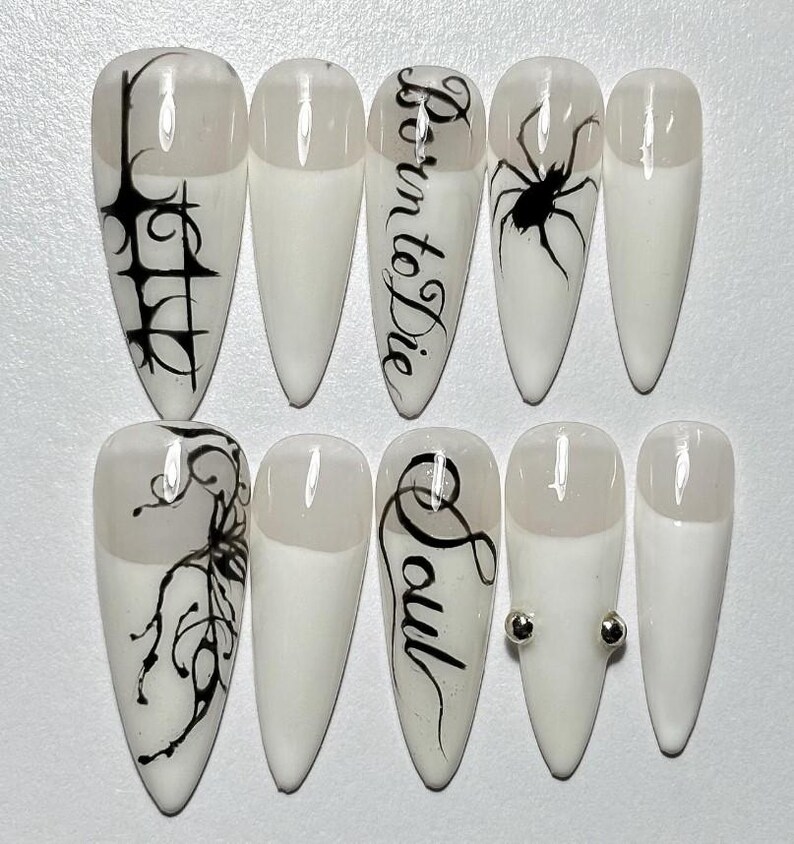 Cyber Sigilism Press on Nails, Gothic White and Black Nail Art, Hand ...
