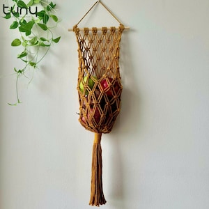 Handmade Macrame Hanging Fruit Basket, Boho Produce Holder, Kitchen Storage Net, Wall Mount With The Attached Wooden Ring - H015
