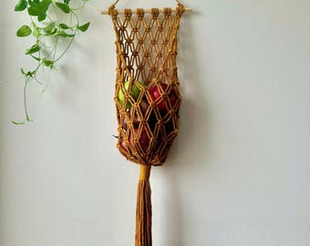 Handmade Macrame Hanging Fruit Basket, Boho Produce Holder, Kitchen Storage Net, Wall Mount With The Attached Wooden Ring - H015