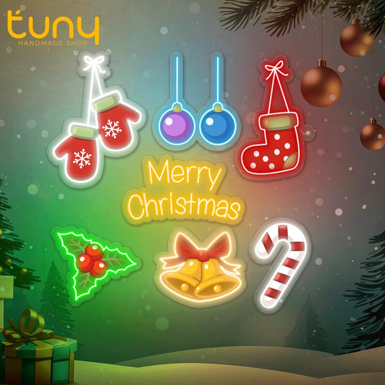 May include: A collection of neon Christmas decorations, including red mittens with snowflakes, blue and purple ornaments, a red stocking, a holly sprig, golden bells, and a candy cane. The words "Merry Christmas" are also displayed.