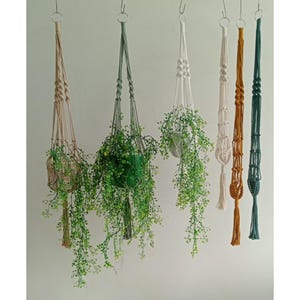 May include: Five macrame plant hangers in different colors, including beige, green, white, orange, and teal. Each hanger has a tassel at the bottom and is hanging from a ceiling hook.