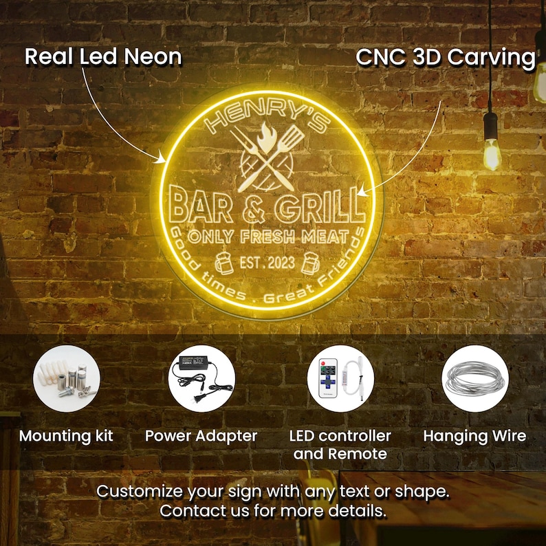 May include: A neon sign for "Henry's Bar & Grill" with a circular design, featuring text and a logo of crossed utensils. The sign is illuminated in a warm yellow glow, with additional components like a mounting kit, power adapter, and remote control.