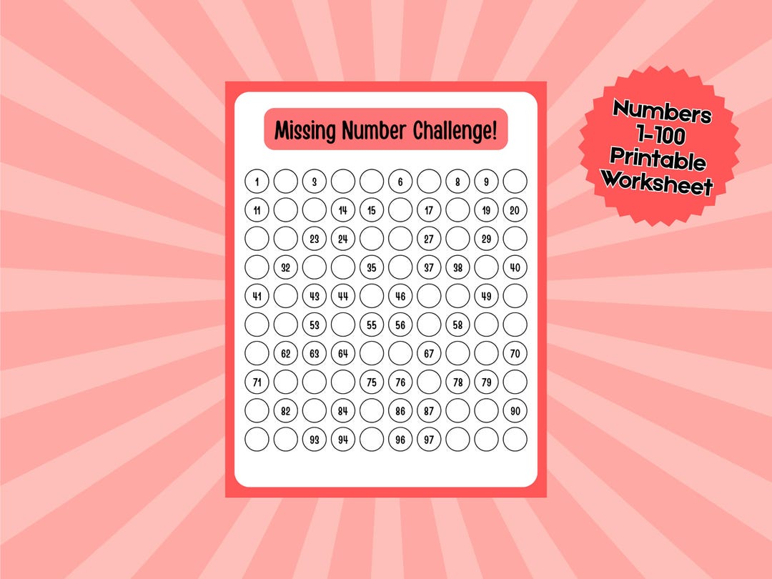 Missing Numbers 1-100 Worksheet: Math Activity Game (PDF Download) - Etsy