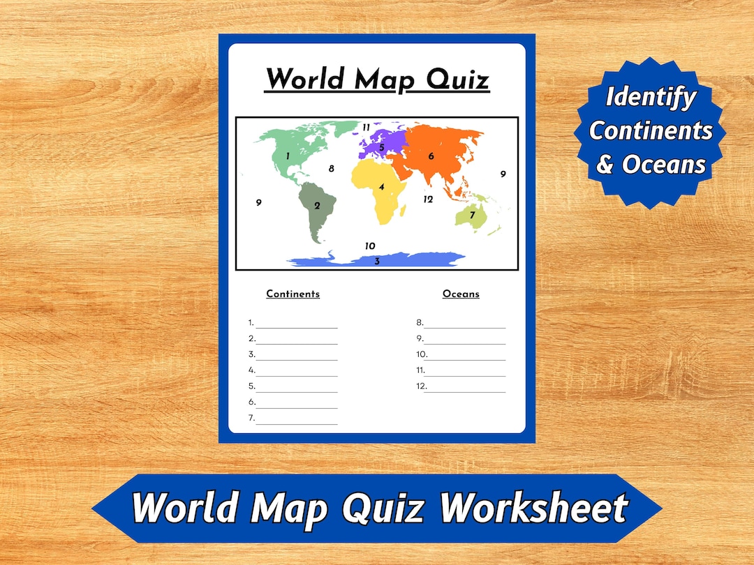 World Map Quiz Worksheet | Continents & Oceans Geography Activity ...