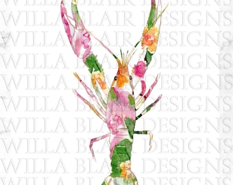 Floral Crawfish PNG, Coquette Louisiana Coastal Clipart (Digital Download)