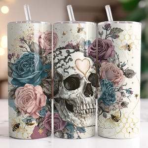 Skull Roses Hearts Tumbler Wrap, Gothic Skull 20 oz Skinny Straight Sublimation Tumbler Design, Spooky Skeleton PNG Digital Download