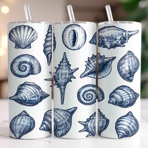 Blue White shells PNG 20oz Skinny Tumbler Sublimation Design | Chinoiserie Summer Vibes Tumbler | Blue Watercolor Coastal DOWNLOAD ONLY