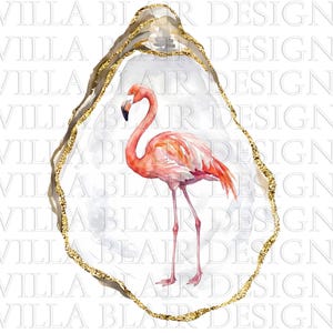 May include: Watercolor illustration of a flamingo inside a gold glitter-edged oyster shell. The flamingo is pink and orange with a black beak and long legs. The background is a soft, watercolor wash.
