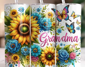 Grandma 20 oz Skinny Tumbler sublimation design, Flowers butterfly Watercolor floral digital PNG Straight tumbler wrap download ONLY