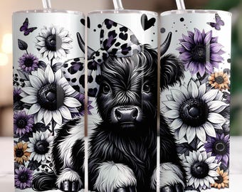 Highland Cow Tumbler Wrap: Purple Sunflower 20oz Skinny Tumbler (Digital Download