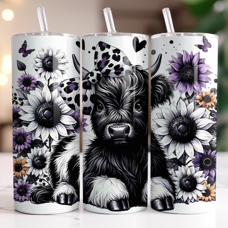 Fall Tumbler Wrap Highland Cow PNG Cute Baby Cow With Sunflowers Purple ...