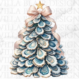 May include: A watercolor illustration of a Christmas tree made of oyster shells. The shells are white and blue, with a gold star on top and a pink bow. The tree is set against a white marble background.