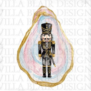 May include: A watercolour illustration of a nutcracker soldier in a black and gold uniform with a sword, centred inside an oyster shell with a gold-painted edge and soft pink and blue watercolour washes throughout the interior of the shell.