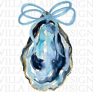 May include: Watercolor illustration of an oyster shell with blue and gold accents, topped with a light blue bow. The shell features shades of blue and turquoise, with gold edging. The text "WILLA BLAIR DESIGNS" is visible.