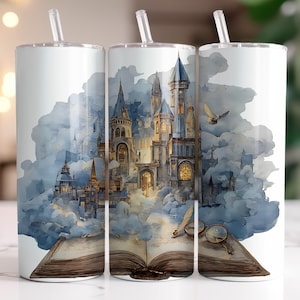 Bookish PNG, 20 Unzen dünner Becher Buchliebhaber I Zaubererwelt Märchenbuch Schloss, Bibliothek Geschenke 20 Unzen Becher Sublimation Design NUR HERUNTERLADEN