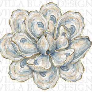 May include: Watercolor illustration of a flower with oyster shell-like petals. The petals are in shades of blue, beige, and white, outlined with gold. The image has the text "WILLA BLAIR DESIGNS" repeated around the edges.