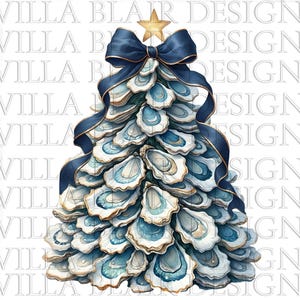 May include: A decorative Christmas tree design made of oyster shells, with a navy blue ribbon and a gold star on top. The tree is a unique holiday decoration with a coastal theme. The text "WILLA BLAIR DESIGNS" is visible.