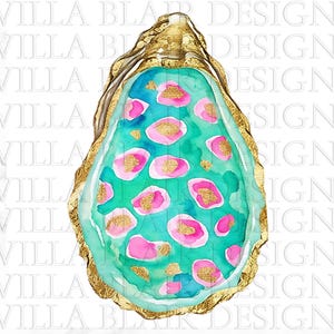 May include: An oyster shell with a gold-gilded edge featuring a teal background decorated with pink and gold leopard print spots. The surface has a smooth, glossy finish, and the text WILLA BLAIR DESIGNS is overlaid across the entire image.