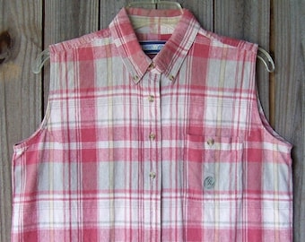 Vintage Wrangler Twenty X Western Shirt for Women, Sleeveless, Button Front with Button Down Collar, Pink Plaid Blouse Size M