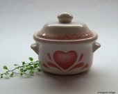 Covered Soup Crock, Stoneware Soup Bowl with Lid, Pink Sponge Painted Heart, Farmhouse Decor, Country Trinket Dish