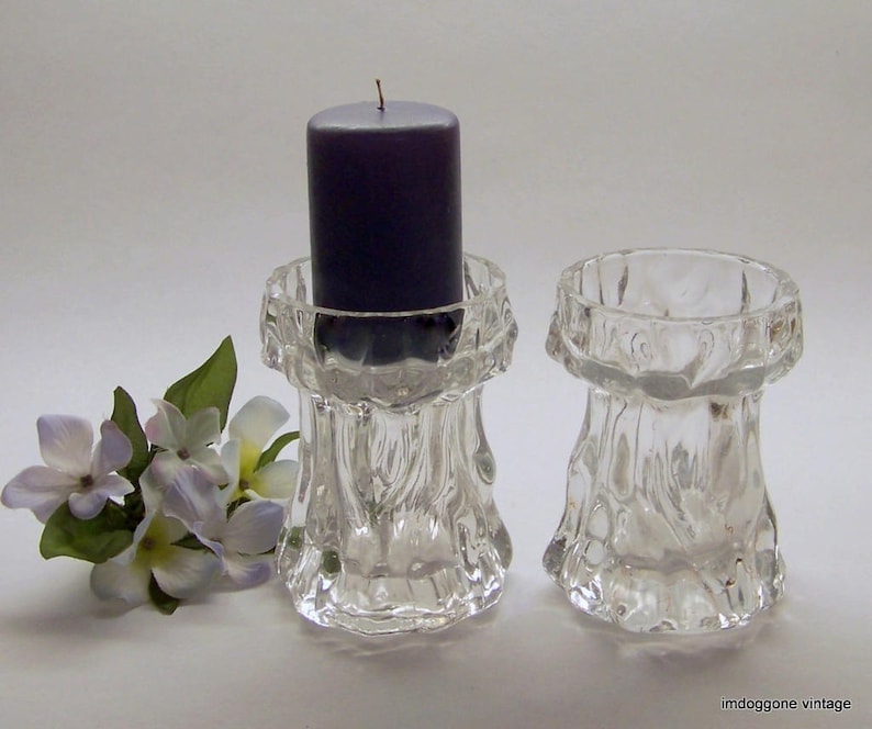 Chunky Glass Candle Holder Pair, Two 2 Blown Glass Pillar Candle