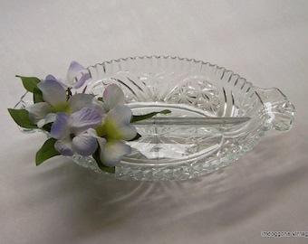 Vintage Anchor Hocking 'Stars and Bars' Relish Dish, Clear Divided Relish Dish, Two Part Relish Bowl, Fluted Edge Relish Dish