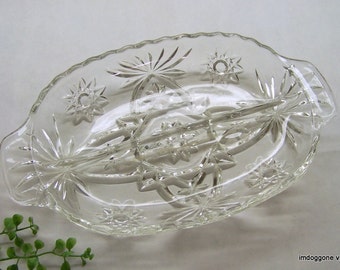 Vintage Anchor Hocking 'Prescut Clear' Relish Dish, Divided Relish Dish, Scalloped Edge Relish Dish, Two Part Star of David Relish Dish