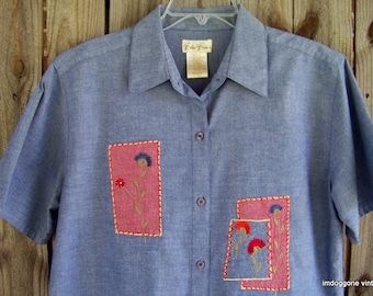 Vintage Bobbie Brooks Button Up Blouse, Denim Blue Short Sleeve Blouse Size L 12/14, Retro Short Sleeve Shirt with Embroidery and Appliques,