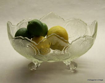 Vintage Jeannette Glass 'Lombardi Clear' Pressed Glass 4-Toed Footed Bowl, Jeannette Clear Floral and Scroll Design Centerpiece
