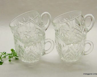 Vintage Jeannette Glass 'Feather' Pattern Punch Cups, Set of Four (4) Pressed Glass Cups, Clear Glass Punch Tea Cups, Votive Candle Holders