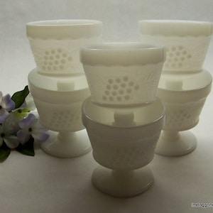 Vintage Milk Glass Sherbet Glasses, Sherbet Glasses Set of Six (6) Grapes and Leaves Pattern Milk Glass Dessert Glasses