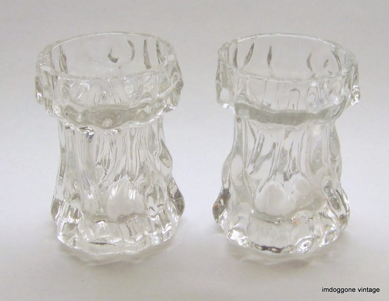 Chunky Glass Candle Holder Pair, Two 2 Blown Glass Pillar Candle