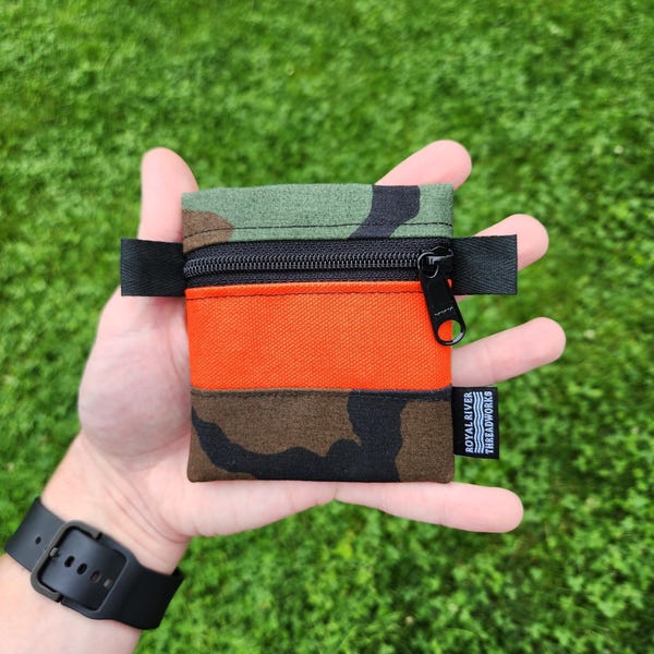 Micro EDC Pouch Woodland Camo Blaze Orange Canvas Zipper Organizer Bag for Pocket Gear Coins Keys Survival Kit Travel First Aid Storage