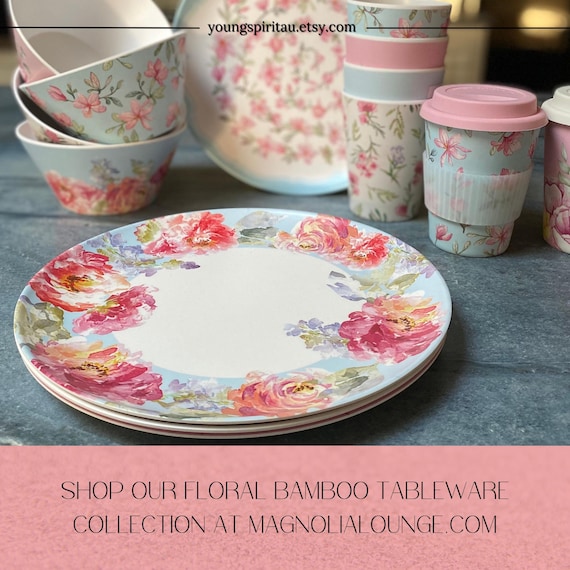 Floral Bambus Servierschalen Picknick-Set, Tee-Partyschalen Stapelschalen, Picknickgeschirr Garten Teeparty, Campingschalen Campinggeschirr