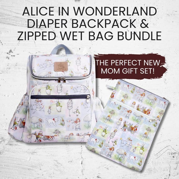 Alice in Wonderland Diaper Backpack Wet Bag Set, New Mom