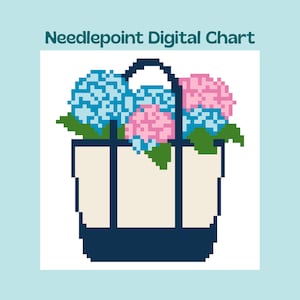 May include: Digital needlepoint chart featuring a pixelated tote bag filled with blue and pink hydrangeas. The tote bag is off-white with a navy blue base and handle. The text "Needlepoint Digital Chart" is at the top.