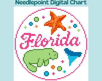 Florida (Colorful) - Travel Round Ornament - Needlepoint Canvas Digital Chart