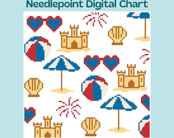 Summer Beach Toile - Needlepoint Canvas Digital Chart