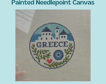 Greece - Travel Ornament Round - Needlepoint Canvas 18 mesh