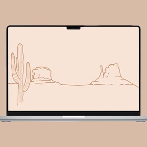 May include: A laptop computer screen displaying a minimalist line drawing of a desert landscape with a cactus and two rock formations. The background is a light beige color.